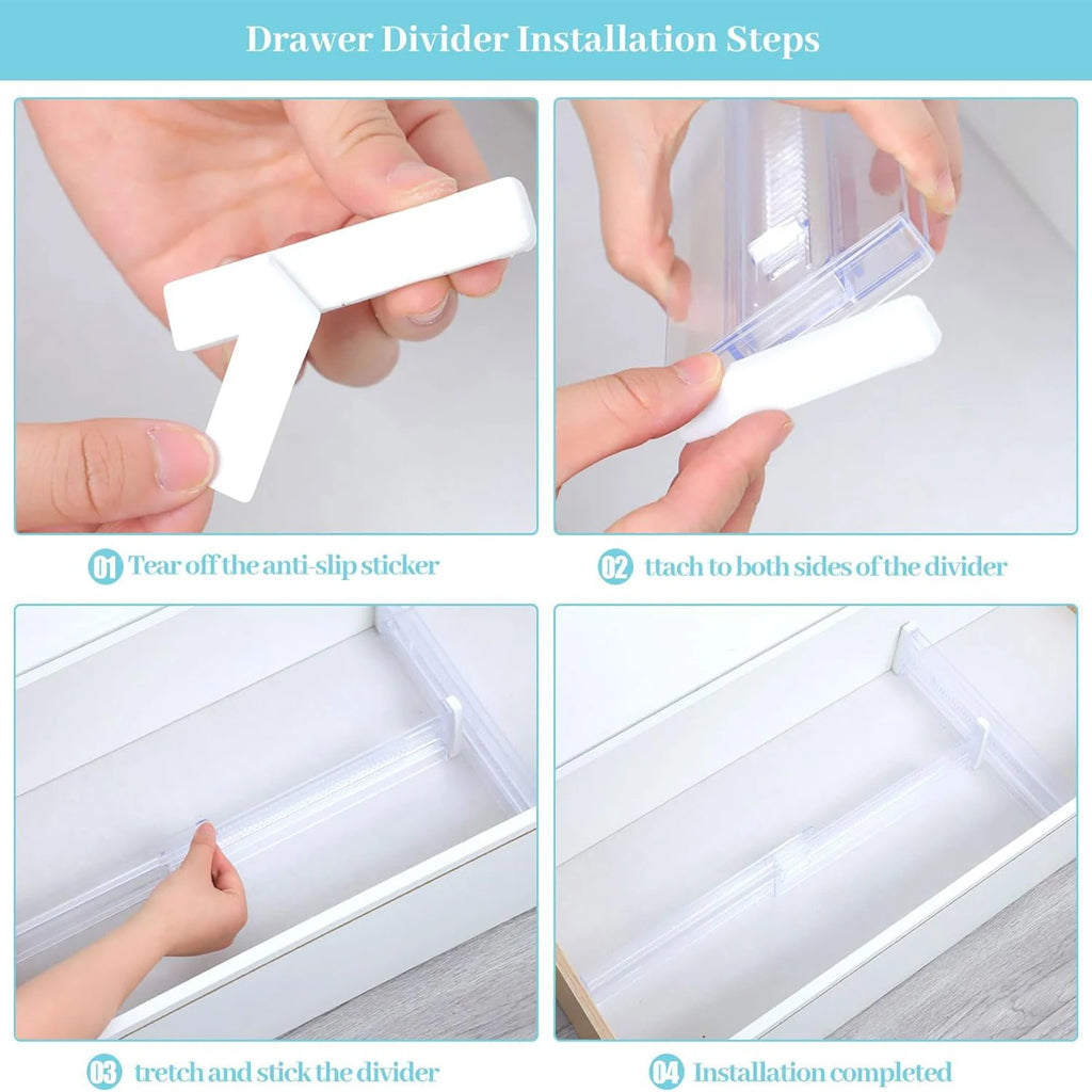 6-Pack Adjustable Clear Drawer Dividers, Expandable Organizers for Dressers, Perfect for Clothes, Kitchen Utensils, and Tableware.