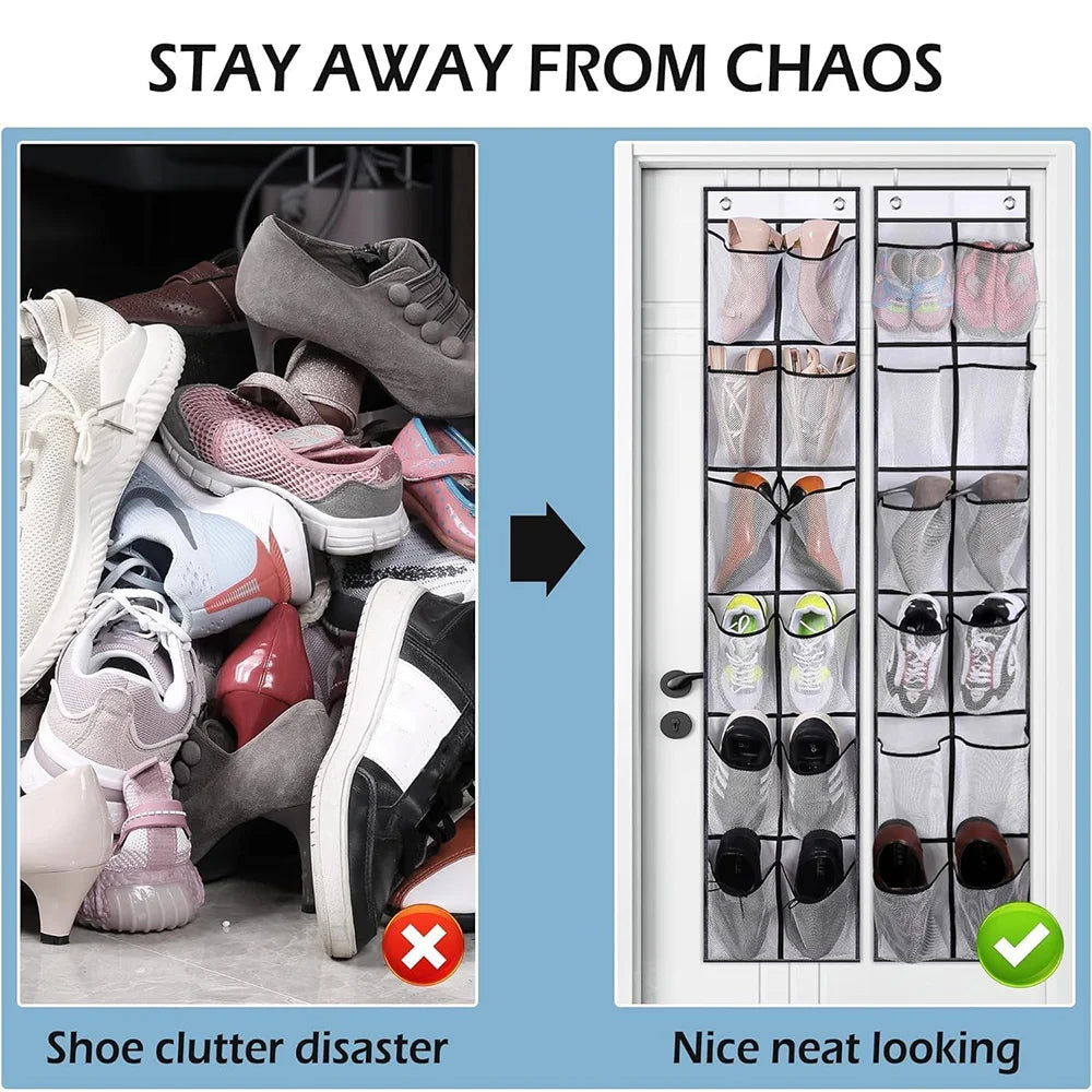Over-the-door shoe organizer with 12 large mesh pockets, 2 hooks, and transparent fabric—perfect for storing shoes or other items in your bedroom.