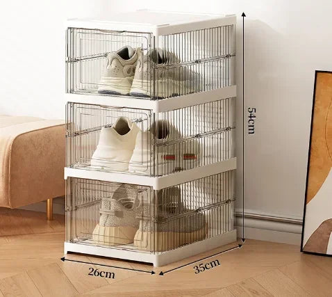 Dustproof 6-layer foldable shoe boxes, stackable and transparent, made from thickened plastic, perfect for organizing sneakers or other footwear in a neat and stylish cabinet setup.