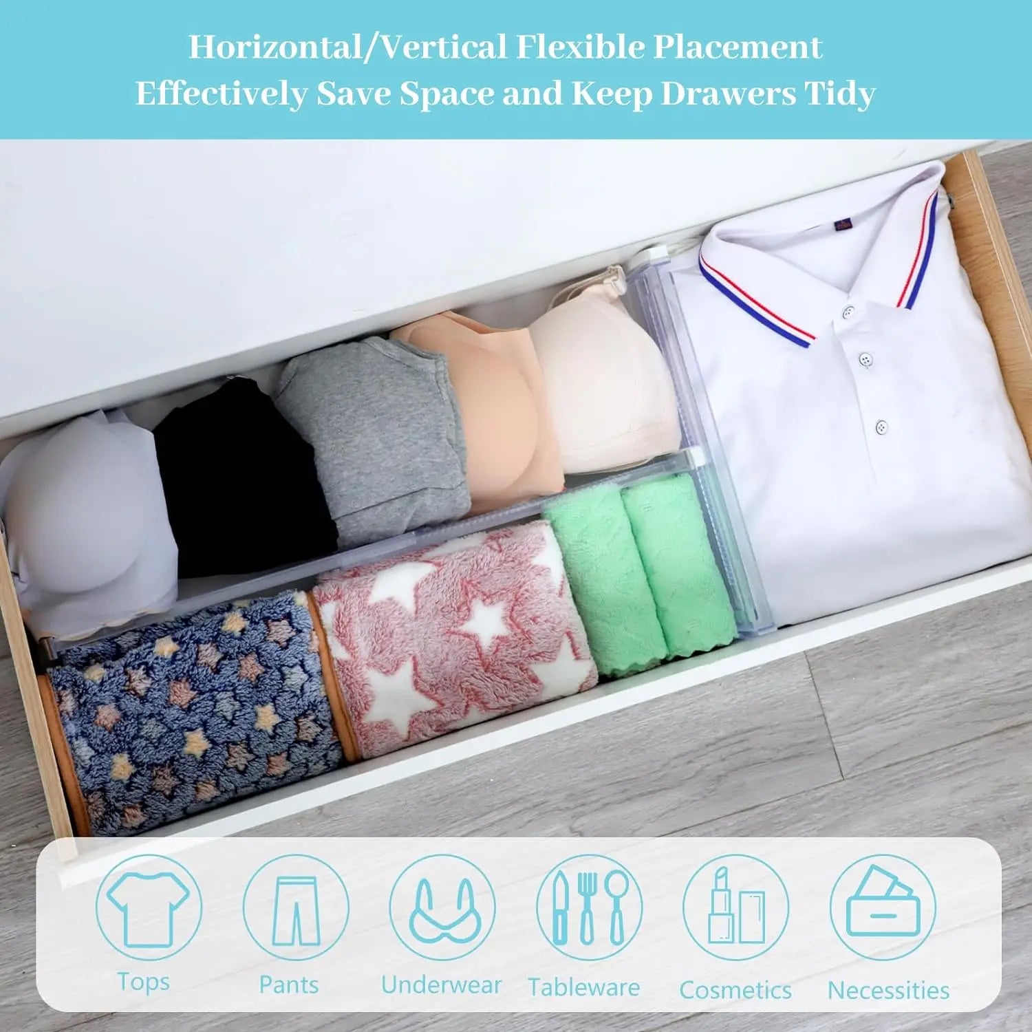 6-Pack Adjustable Clear Drawer Dividers, Expandable Organizers for Dressers, Perfect for Clothes, Kitchen Utensils, and Tableware.