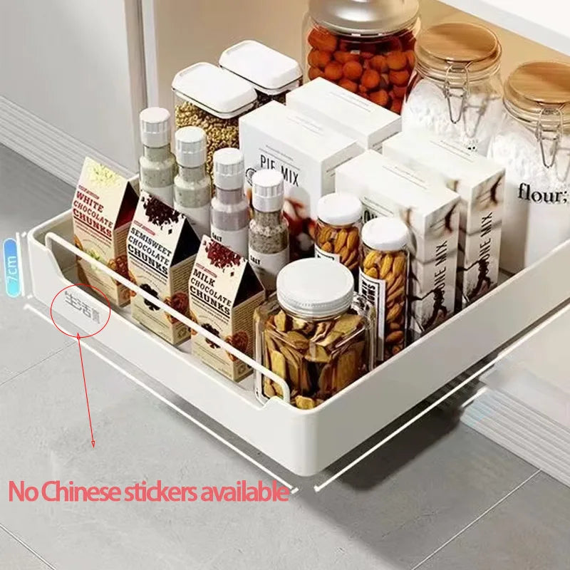 New kitchen storage rack featuring slide rails and a pull-out drawer design, perfect for organizing trays, spice boxes, and shelves inside cabinets.