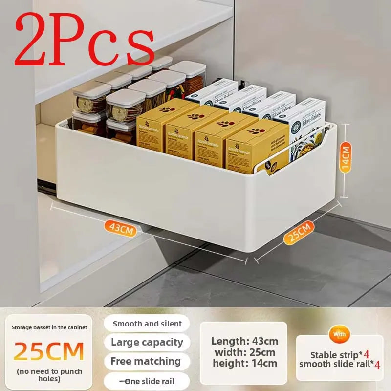New kitchen storage rack featuring slide rails and a pull-out drawer design, perfect for organizing trays, spice boxes, and shelves inside cabinets.