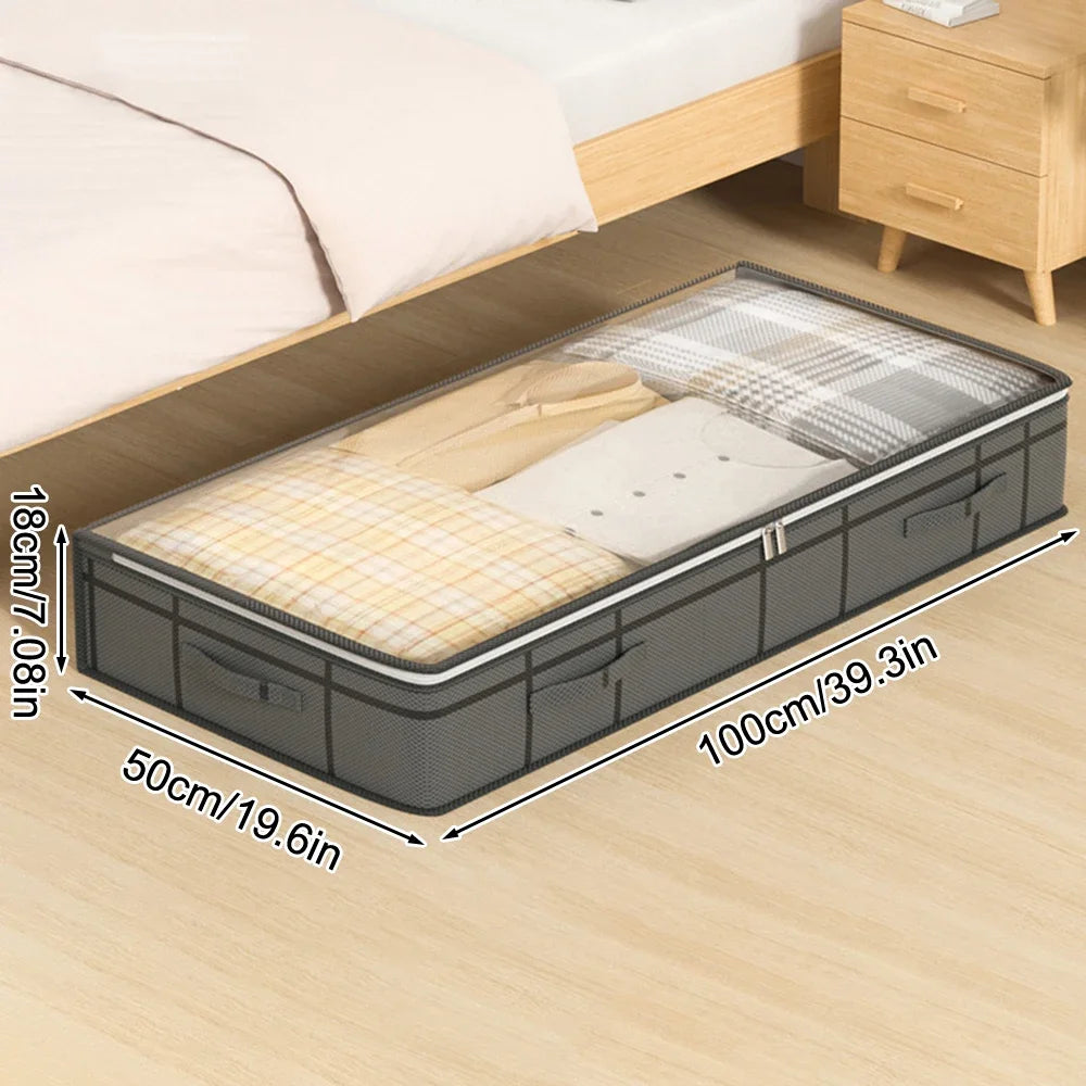 Foldable non-woven under-bed storage bag with large capacity, perfect for storing clothing and blankets. Keeps your bedroom closet tidy while saving space and protecting items from dust.