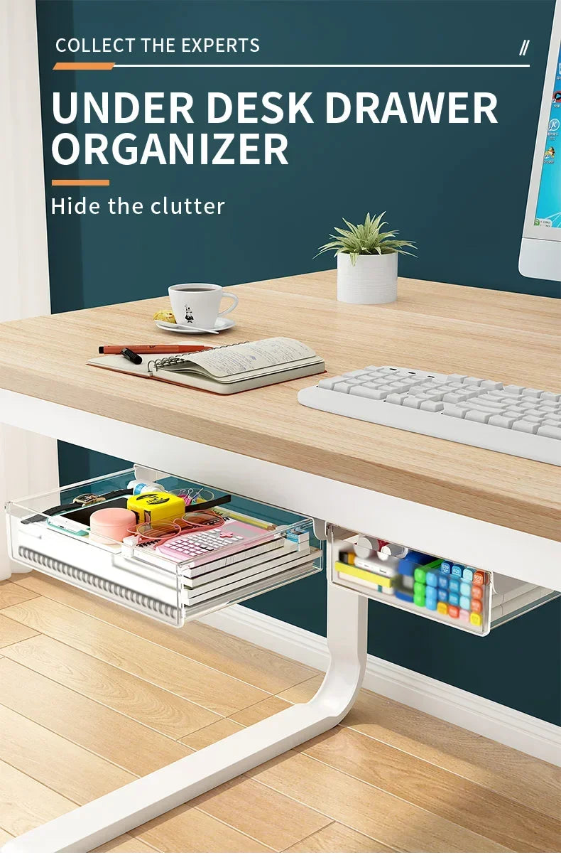 Hidden Under-Desk Drawer Storage Office Organizer, Self-Adhesive Plastic Drawers for Under table Accessories and Storage Box.