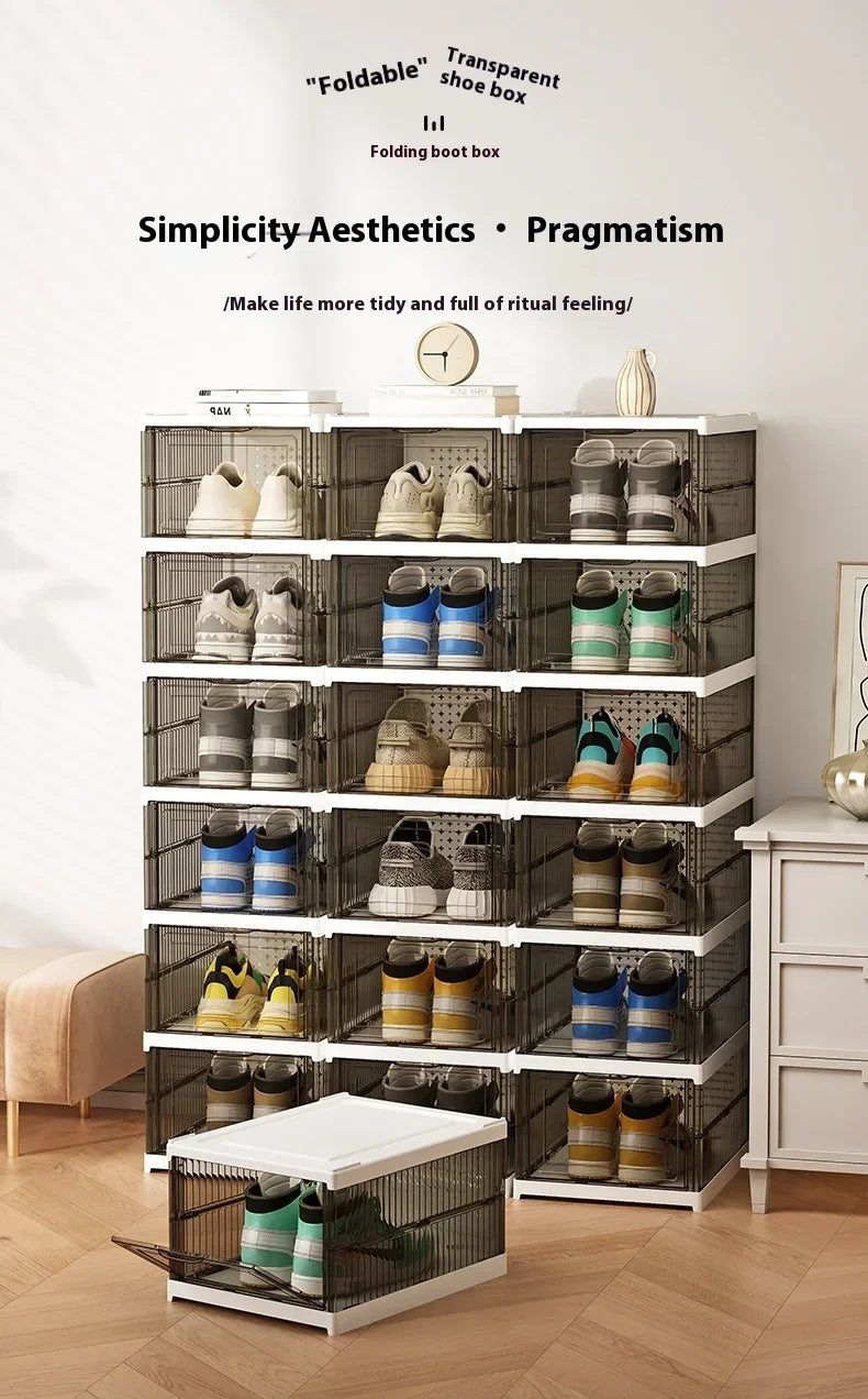 Dustproof 6-layer foldable shoe boxes, stackable and transparent, made from thickened plastic, perfect for organizing sneakers or other footwear in a neat and stylish cabinet setup.