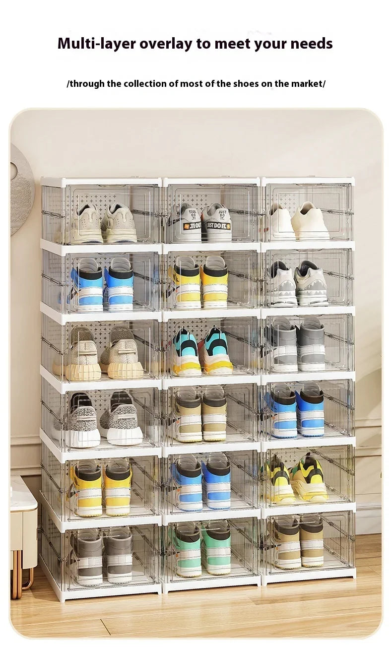Dustproof 6-layer foldable shoe boxes, stackable and transparent, made from thickened plastic, perfect for organizing sneakers or other footwear in a neat and stylish cabinet setup.