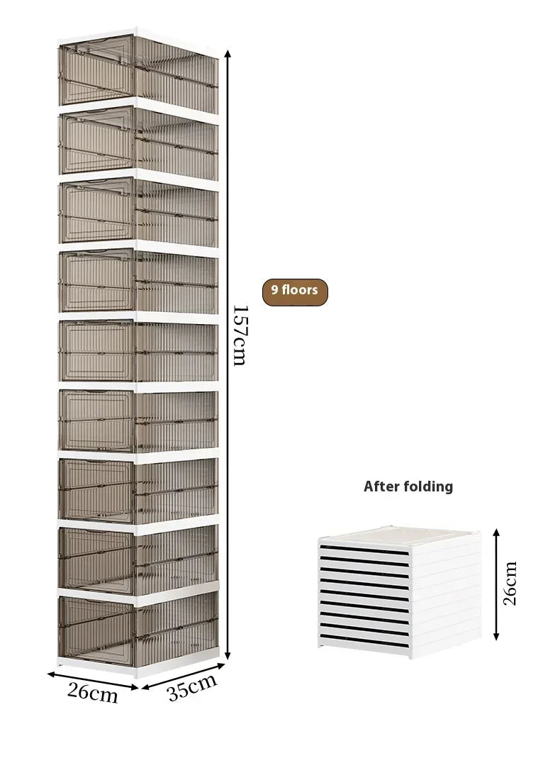 Dustproof 6-layer foldable shoe boxes, stackable and transparent, made from thickened plastic, perfect for organizing sneakers or other footwear in a neat and stylish cabinet setup.