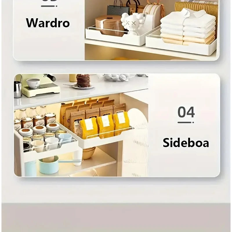 New kitchen storage rack featuring slide rails and a pull-out drawer design, perfect for organizing trays, spice boxes, and shelves inside cabinets.