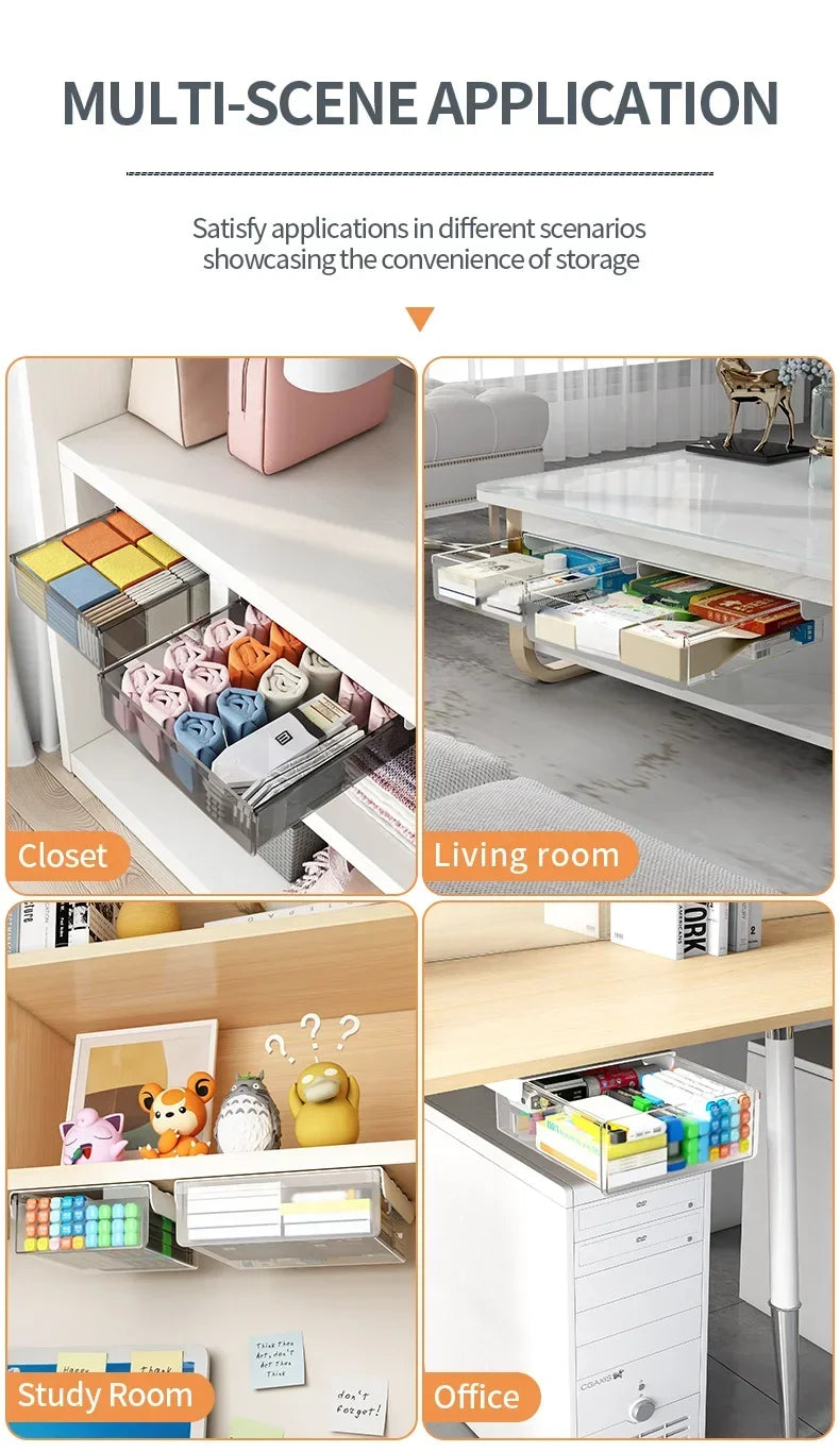 Hidden Under-Desk Drawer Storage Office Organizer, Self-Adhesive Plastic Drawers for Under table Accessories and Storage Box.