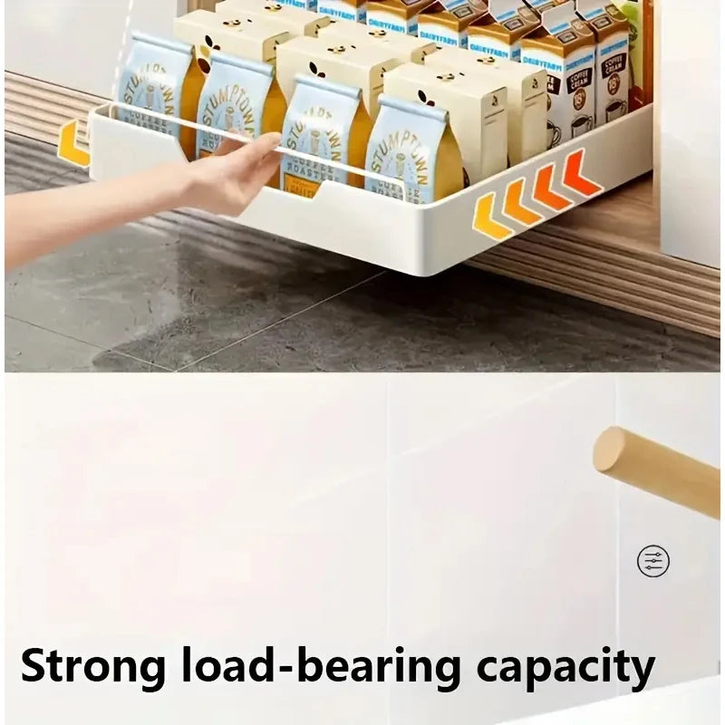New kitchen storage rack featuring slide rails and a pull-out drawer design, perfect for organizing trays, spice boxes, and shelves inside cabinets.