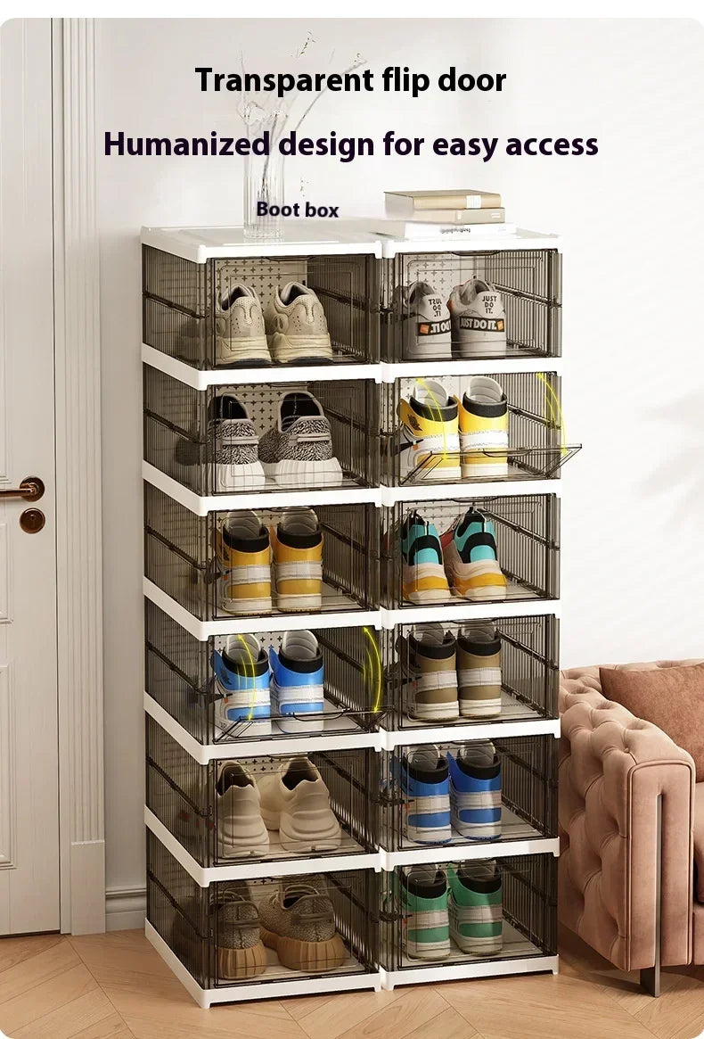 Dustproof 6-layer foldable shoe boxes, stackable and transparent, made from thickened plastic, perfect for organizing sneakers or other footwear in a neat and stylish cabinet setup.