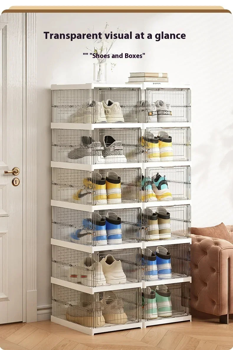 Dustproof 6-layer foldable shoe boxes, stackable and transparent, made from thickened plastic, perfect for organizing sneakers or other footwear in a neat and stylish cabinet setup.