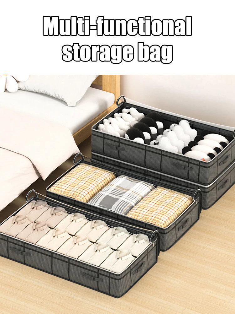 Foldable non-woven under-bed storage bag with large capacity, perfect for storing clothing and blankets. Keeps your bedroom closet tidy while saving space and protecting items from dust.