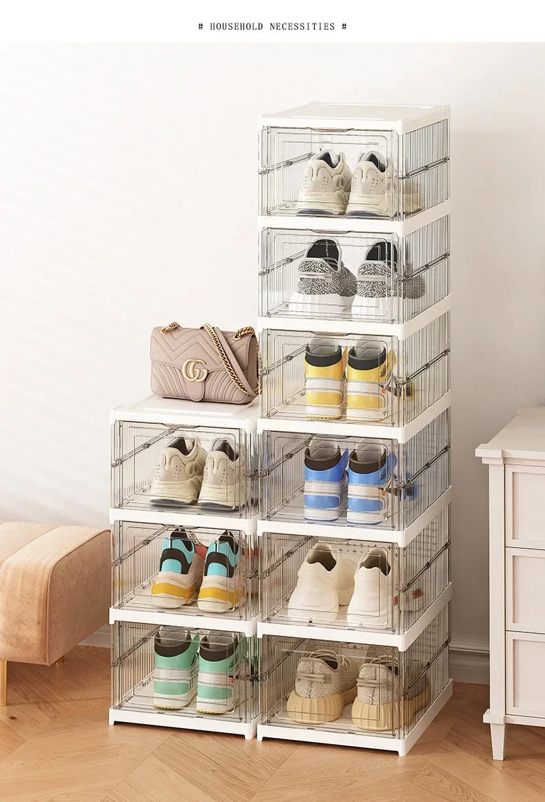 Dustproof 6-layer foldable shoe boxes, stackable and transparent, made from thickened plastic, perfect for organizing sneakers or other footwear in a neat and stylish cabinet setup.