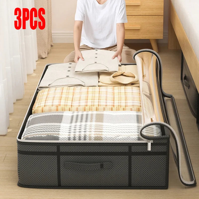 Foldable non-woven under-bed storage bag with large capacity, perfect for storing clothing and blankets. Keeps your bedroom closet tidy while saving space and protecting items from dust.