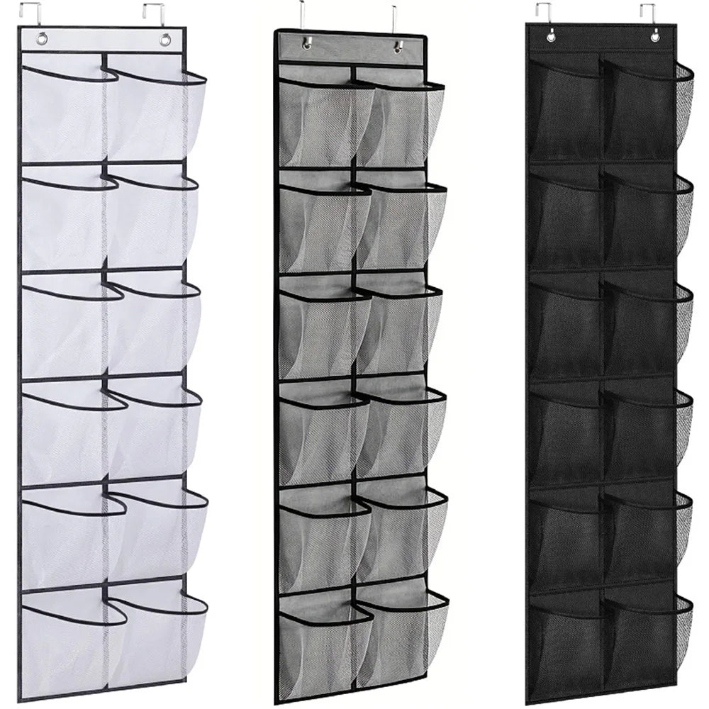 Over-the-door shoe organizer with 12 large mesh pockets, 2 hooks, and transparent fabric—perfect for storing shoes or other items in your bedroom.