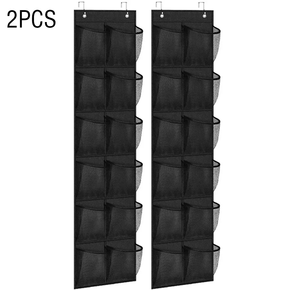 Over-the-door shoe organizer with 12 large mesh pockets, 2 hooks, and transparent fabric—perfect for storing shoes or other items in your bedroom.