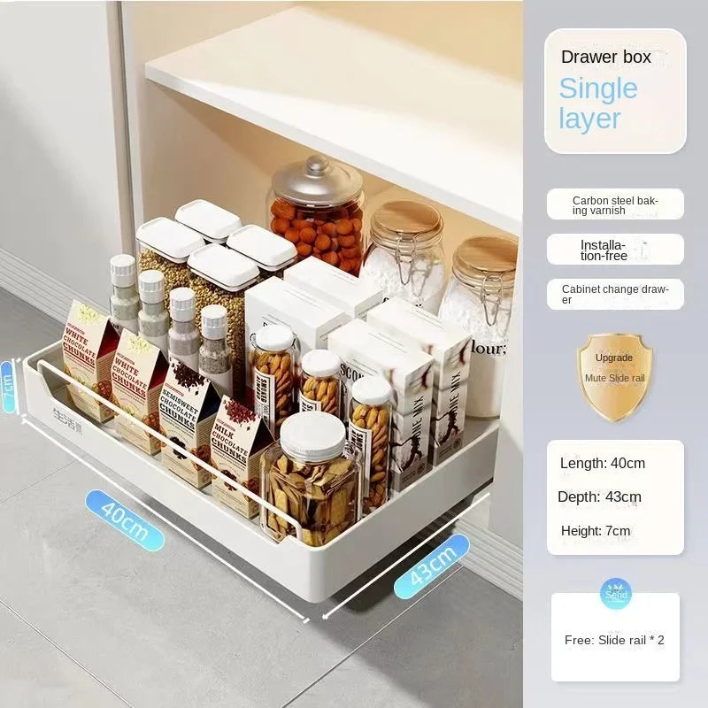 New kitchen storage rack featuring slide rails and a pull-out drawer design, perfect for organizing trays, spice boxes, and shelves inside cabinets.