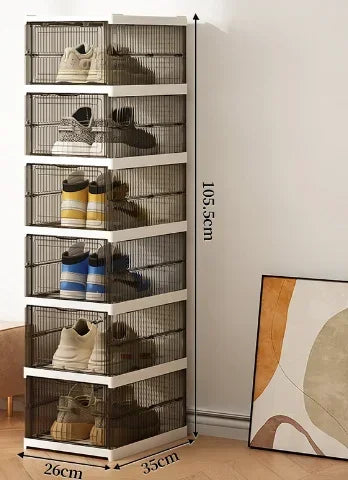 Dustproof 6-layer foldable shoe boxes, stackable and transparent, made from thickened plastic, perfect for organizing sneakers or other footwear in a neat and stylish cabinet setup.