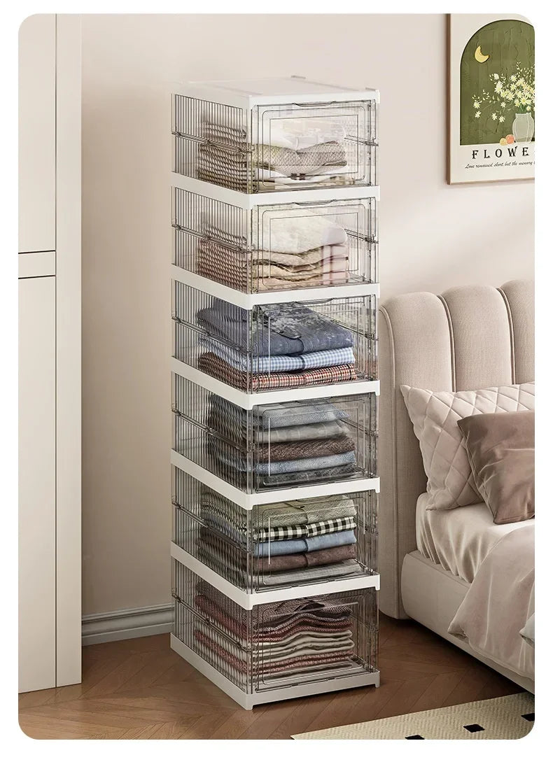 Dustproof 6-layer foldable shoe boxes, stackable and transparent, made from thickened plastic, perfect for organizing sneakers or other footwear in a neat and stylish cabinet setup.