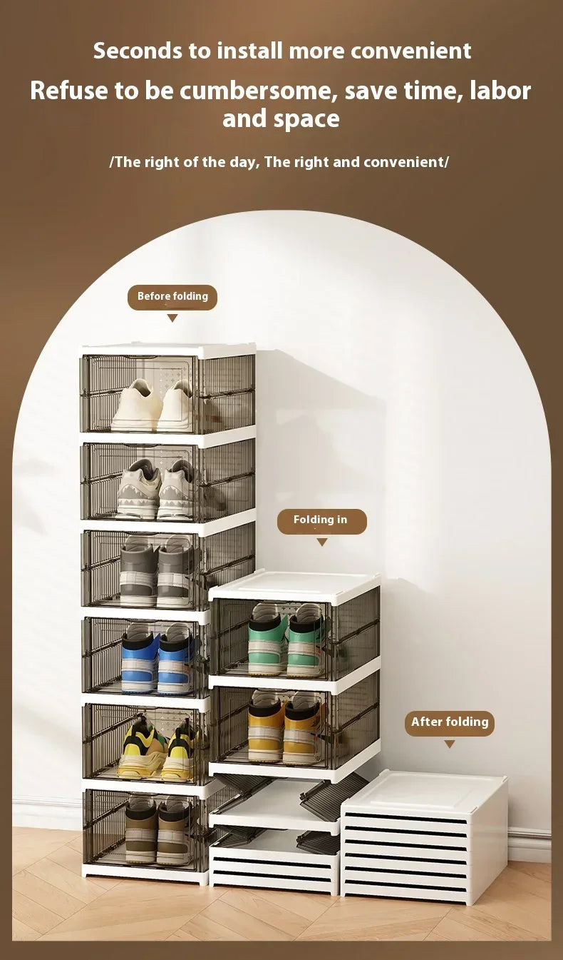Dustproof 6-layer foldable shoe boxes, stackable and transparent, made from thickened plastic, perfect for organizing sneakers or other footwear in a neat and stylish cabinet setup.