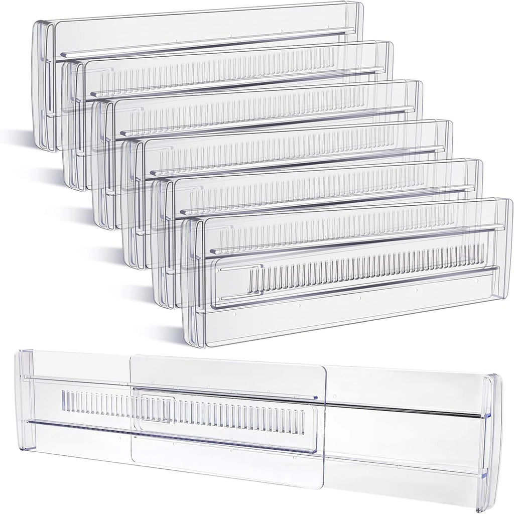6-Pack Adjustable Clear Drawer Dividers, Expandable Organizers for Dressers, Perfect for Clothes, Kitchen Utensils, and Tableware.