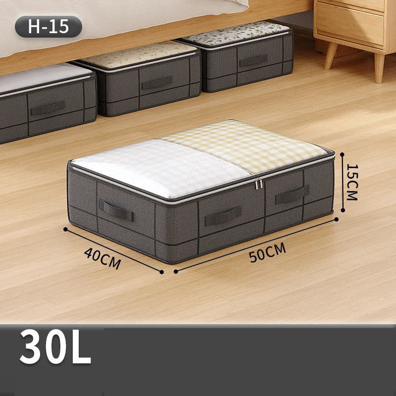 Foldable non-woven under-bed storage bag with large capacity, perfect for storing clothing and blankets. Keeps your bedroom closet tidy while saving space and protecting items from dust.
