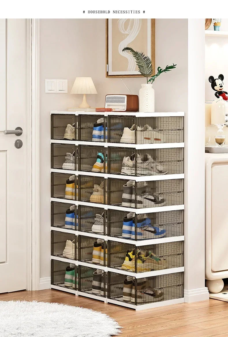 Dustproof 6-layer foldable shoe boxes, stackable and transparent, made from thickened plastic, perfect for organizing sneakers or other footwear in a neat and stylish cabinet setup.