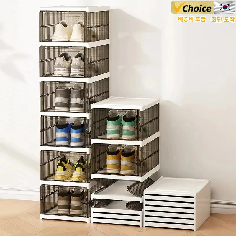 Dustproof 6-layer foldable shoe boxes, stackable and transparent, made from thickened plastic, perfect for organizing sneakers or other footwear in a neat and stylish cabinet setup.