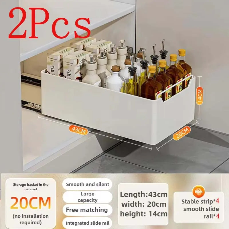 New kitchen storage rack featuring slide rails and a pull-out drawer design, perfect for organizing trays, spice boxes, and shelves inside cabinets.