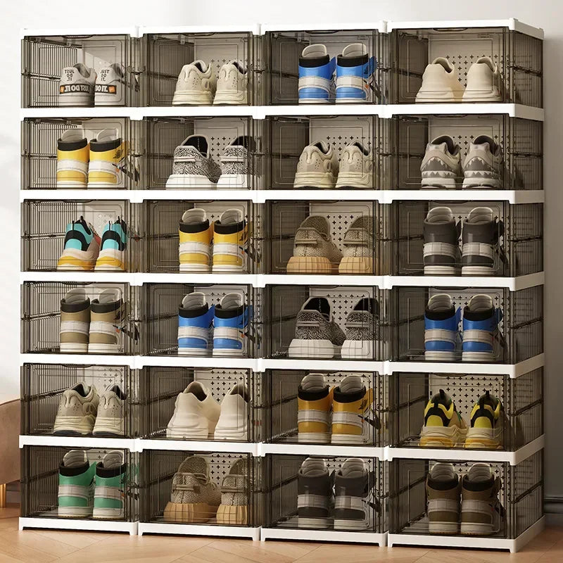 Dustproof 6-layer foldable shoe boxes, stackable and transparent, made from thickened plastic, perfect for organizing sneakers or other footwear in a neat and stylish cabinet setup.