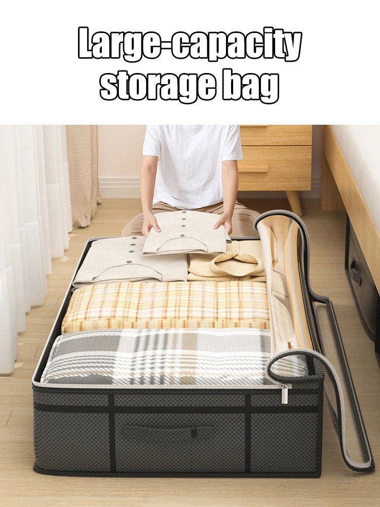 Foldable non-woven under-bed storage bag with large capacity, perfect for storing clothing and blankets. Keeps your bedroom closet tidy while saving space and protecting items from dust.