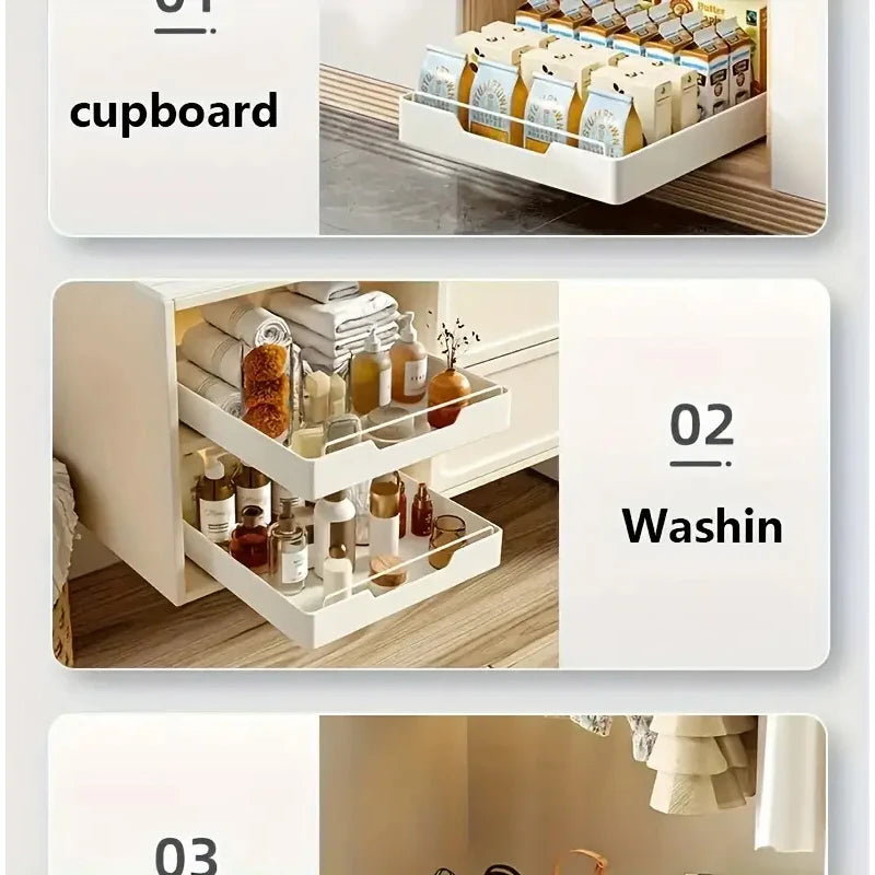New kitchen storage rack featuring slide rails and a pull-out drawer design, perfect for organizing trays, spice boxes, and shelves inside cabinets.
