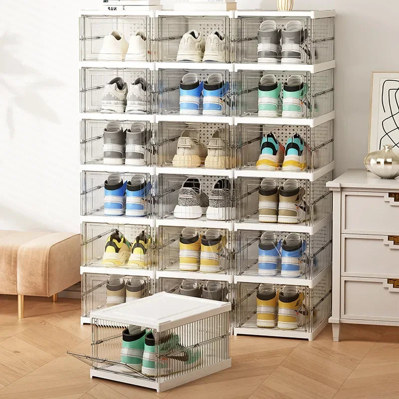 Dustproof 6-layer foldable shoe boxes, stackable and transparent, made from thickened plastic, perfect for organizing sneakers or other footwear in a neat and stylish cabinet setup.