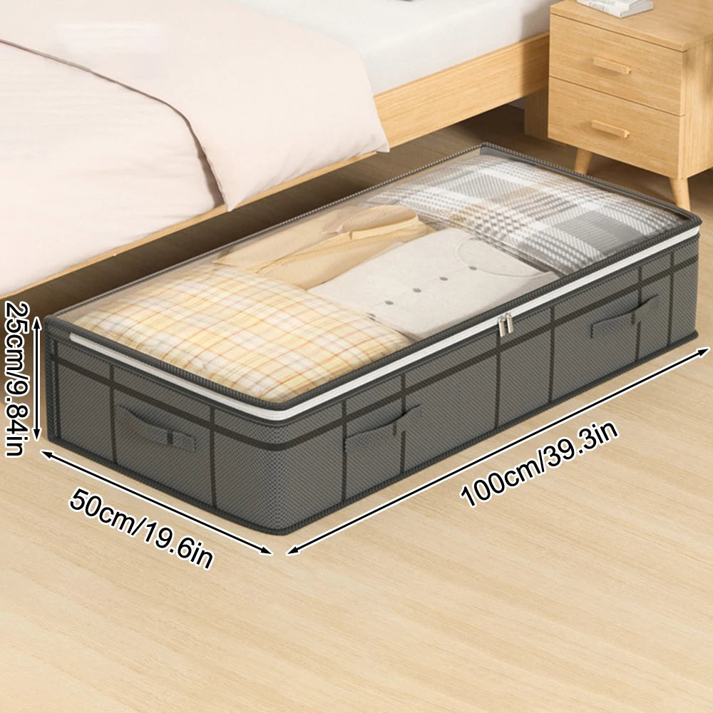 Foldable non-woven under-bed storage bag with large capacity, perfect for storing clothing and blankets. Keeps your bedroom closet tidy while saving space and protecting items from dust.