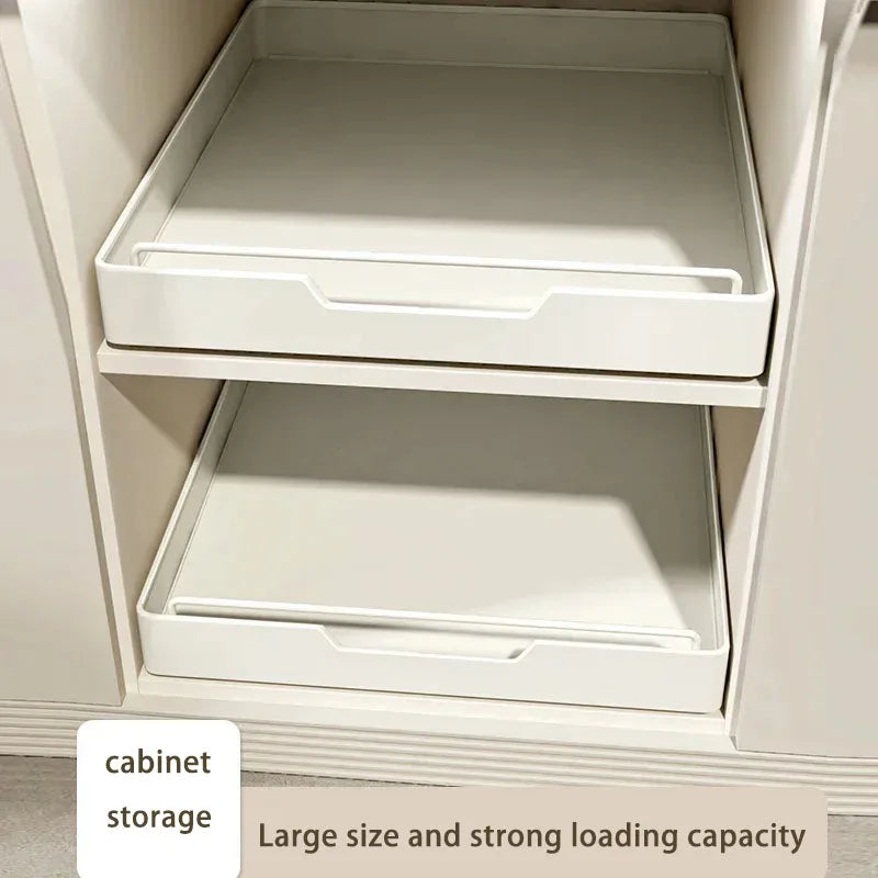 New kitchen storage rack featuring slide rails and a pull-out drawer design, perfect for organizing trays, spice boxes, and shelves inside cabinets.