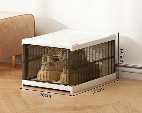 Dustproof 6-layer foldable shoe boxes, stackable and transparent, made from thickened plastic, perfect for organizing sneakers or other footwear in a neat and stylish cabinet setup.
