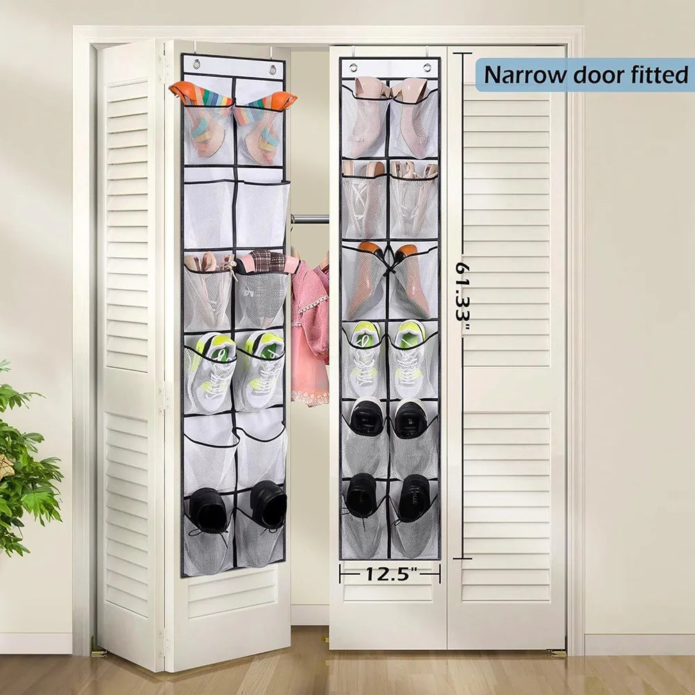 Over-the-door shoe organizer with 12 large mesh pockets, 2 hooks, and transparent fabric—perfect for storing shoes or other items in your bedroom.