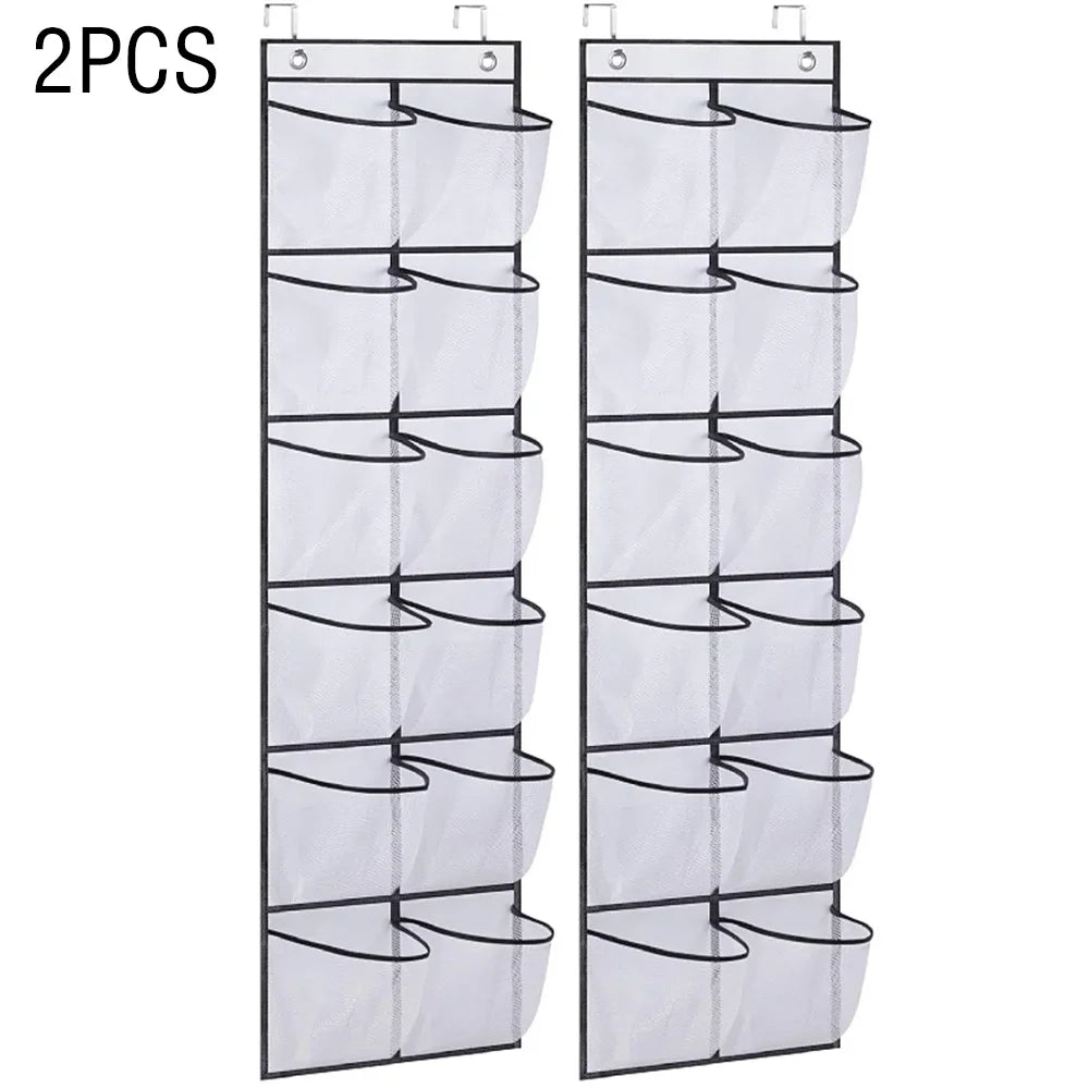 Over-the-door shoe organizer with 12 large mesh pockets, 2 hooks, and transparent fabric—perfect for storing shoes or other items in your bedroom.