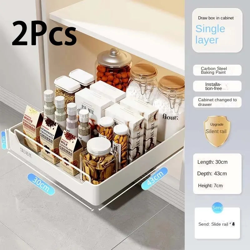 New kitchen storage rack featuring slide rails and a pull-out drawer design, perfect for organizing trays, spice boxes, and shelves inside cabinets.