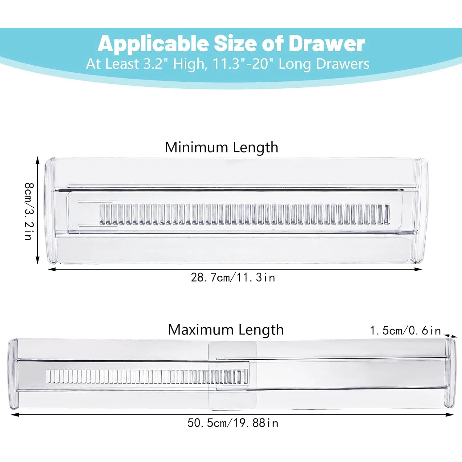 6-Pack Adjustable Clear Drawer Dividers, Expandable Organizers for Dressers, Perfect for Clothes, Kitchen Utensils, and Tableware.