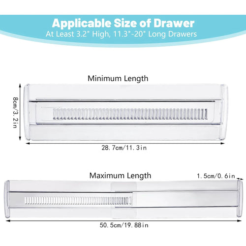 6-Pack Adjustable Clear Drawer Dividers, Expandable Organizers for Dressers, Perfect for Clothes, Kitchen Utensils, and Tableware.