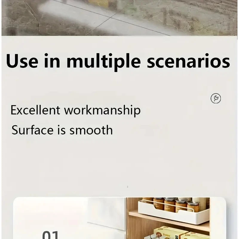 New kitchen storage rack featuring slide rails and a pull-out drawer design, perfect for organizing trays, spice boxes, and shelves inside cabinets.