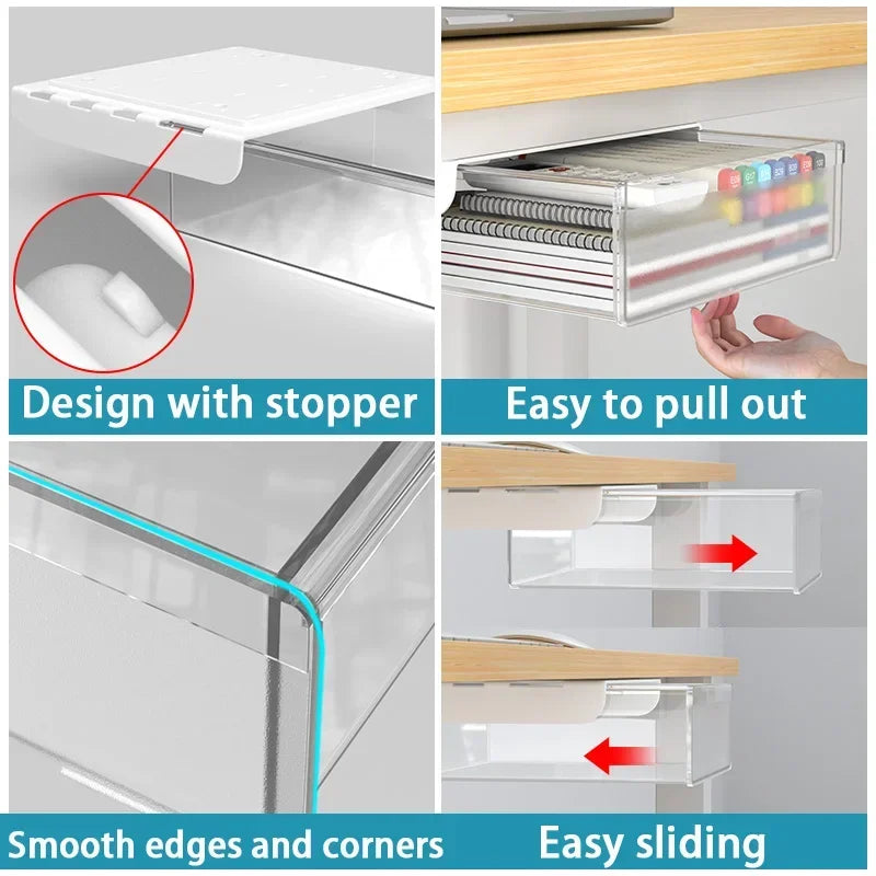 Hidden Under-Desk Drawer Storage Office Organizer, Self-Adhesive Plastic Drawers for Under table Accessories and Storage Box.