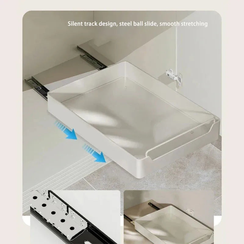 New kitchen storage rack featuring slide rails and a pull-out drawer design, perfect for organizing trays, spice boxes, and shelves inside cabinets.