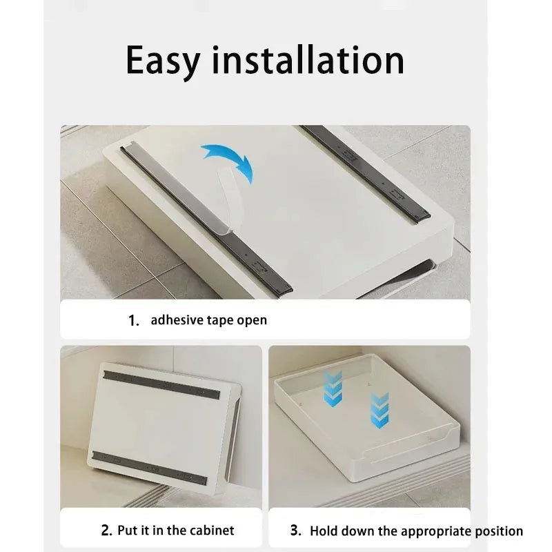 New kitchen storage rack featuring slide rails and a pull-out drawer design, perfect for organizing trays, spice boxes, and shelves inside cabinets.