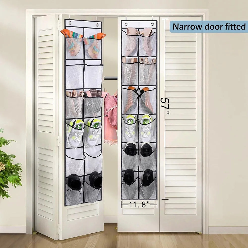 Over-the-door shoe organizer with 12 large mesh pockets, 2 hooks, and transparent fabric—perfect for storing shoes or other items in your bedroom.