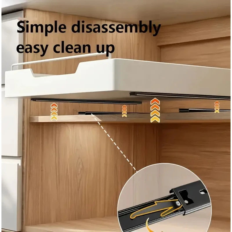 New kitchen storage rack featuring slide rails and a pull-out drawer design, perfect for organizing trays, spice boxes, and shelves inside cabinets.
