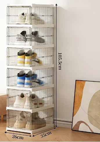 Dustproof 6-layer foldable shoe boxes, stackable and transparent, made from thickened plastic, perfect for organizing sneakers or other footwear in a neat and stylish cabinet setup.