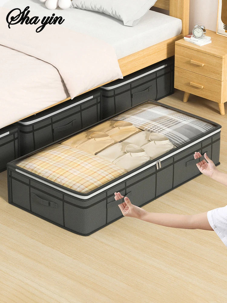 Foldable non-woven under-bed storage bag with large capacity, perfect for storing clothing and blankets. Keeps your bedroom closet tidy while saving space and protecting items from dust.